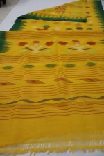 Mustard Yellow Floral Cotton Saree with Green Border - Image 2