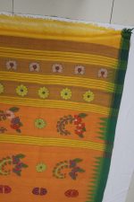 Orange Printed Cotton Saree with Green Border & Multicolor Floral Motifs - Image 4