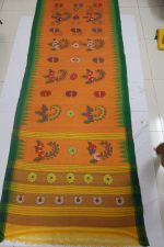 Orange Printed Cotton Saree with Green Border & Multicolor Floral Motifs - Image 2