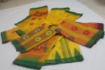 Orange Floral Printed Cotton Saree with Green Contrast Border - Image 3