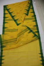 Bright Yellow Cotton Saree with Green Ikat Border - Image 2