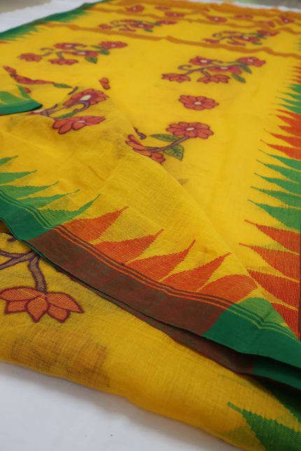 Yellow Floral Cotton Saree with Green Contrast Border
