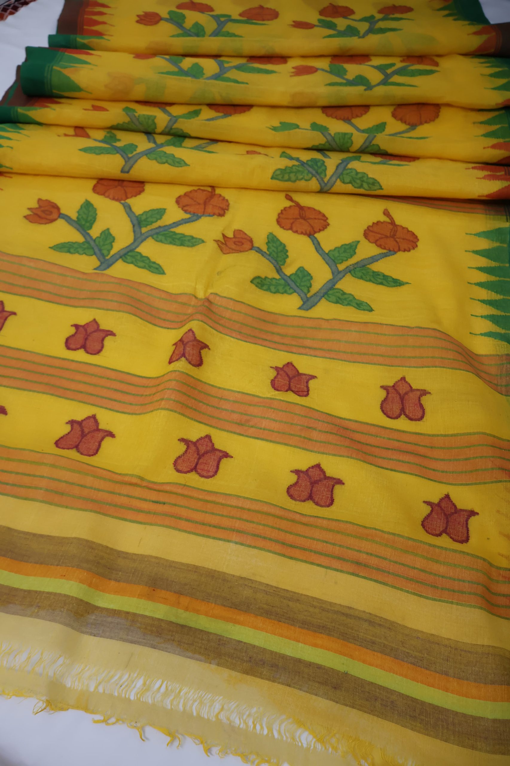 IMG-20260207-WA0176 Bright Yellow Floral Cotton Saree with Green Border - Image 1