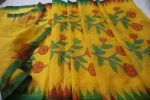 Bright Yellow Floral Cotton Saree with Green Border - Image 2