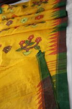 Mustard Yellow Floral Cotton Saree with Green Contrast Border - Image 2