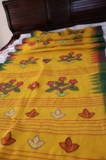 Mustard Yellow Floral Cotton Saree with Green Contrast Border